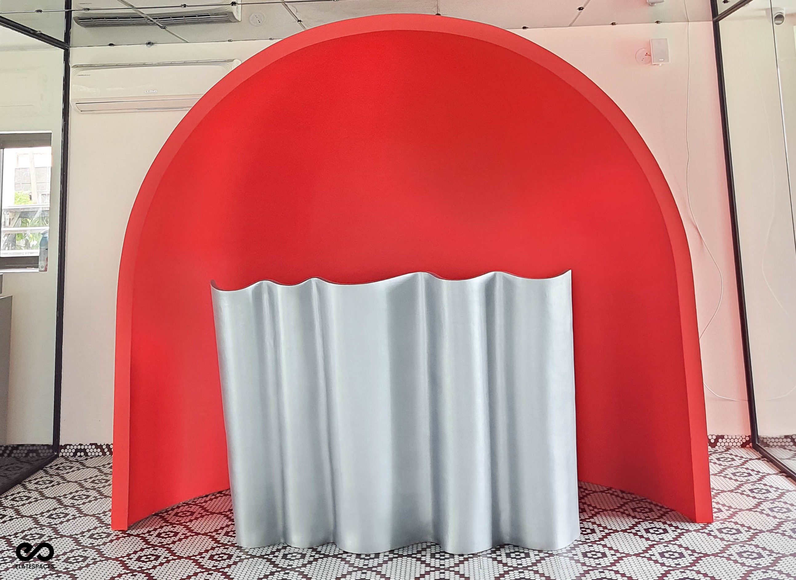 Bespoke Relwood Reception Counter with Wavy Design, Circular Dome Structure, Interior Design, Modern Design Elatespaces