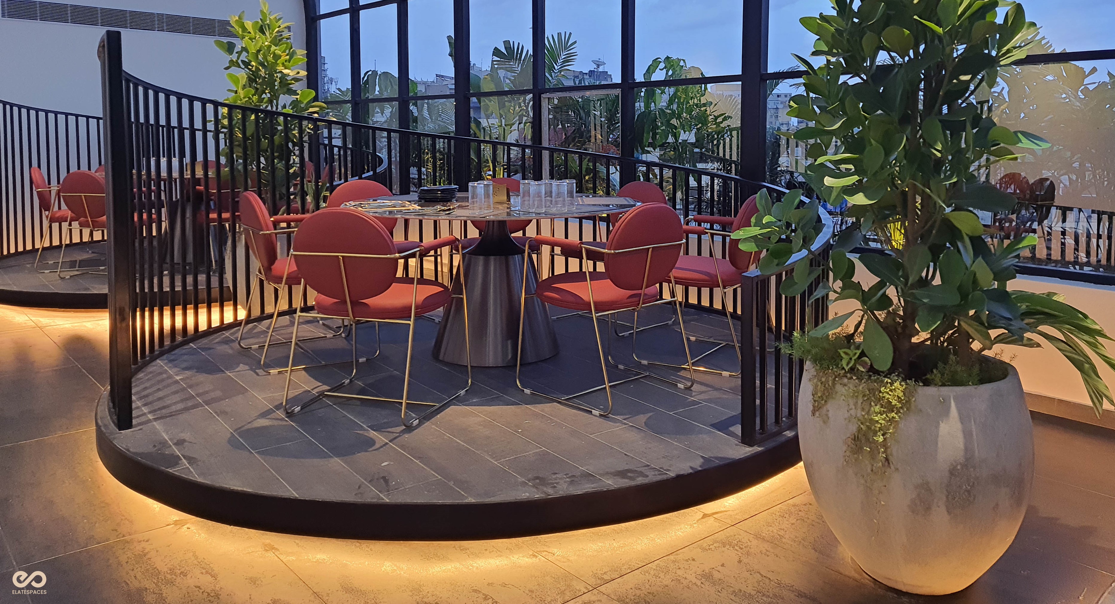 Circular Seating Area, Relwood Lighting, Interior Design, Restaurant Design, Modern Architecture, elatespaces