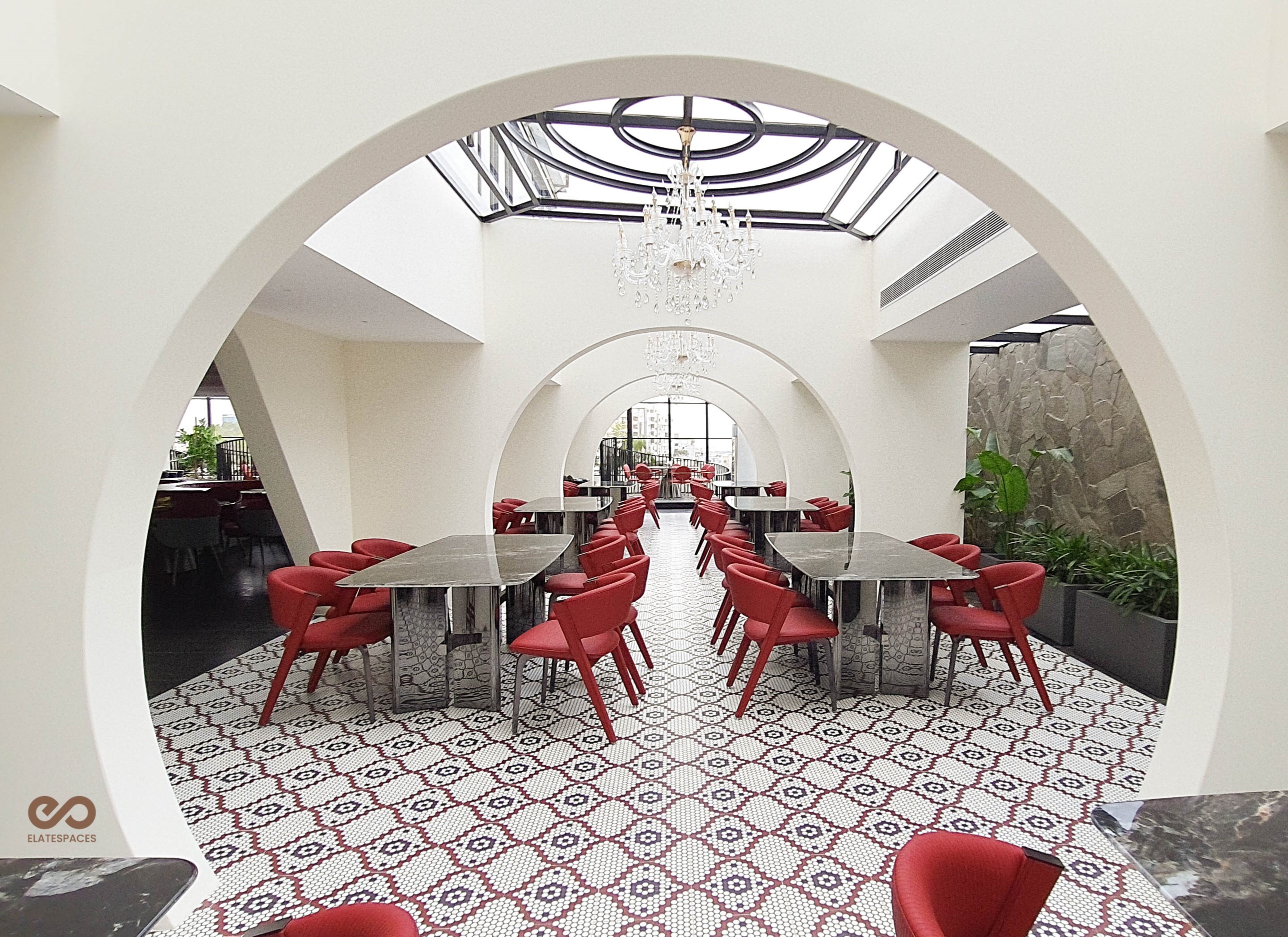 Concentric Circular Arches, Relwood Matte Finish, Interior Design, Restaurant Design, Modern Architecture